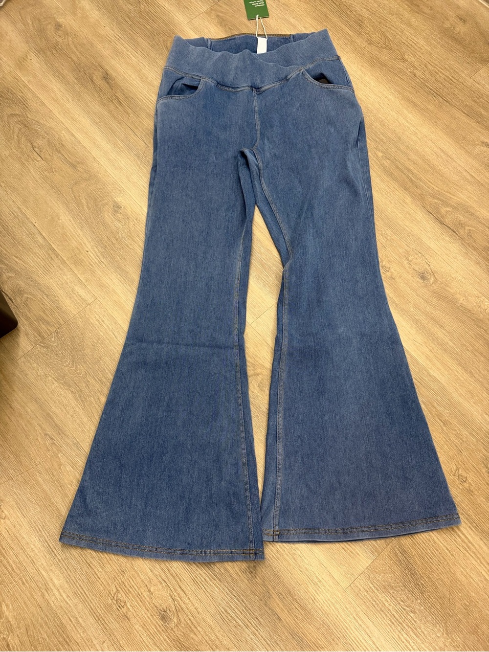 Halara Blue Denim Flare Pants Women’s L Stretch Pull On 037